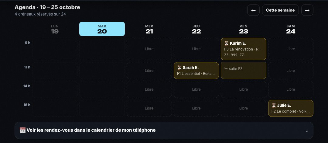 Planning pro : agenda de la semaine avec créneaux libres et réservés (données de test)