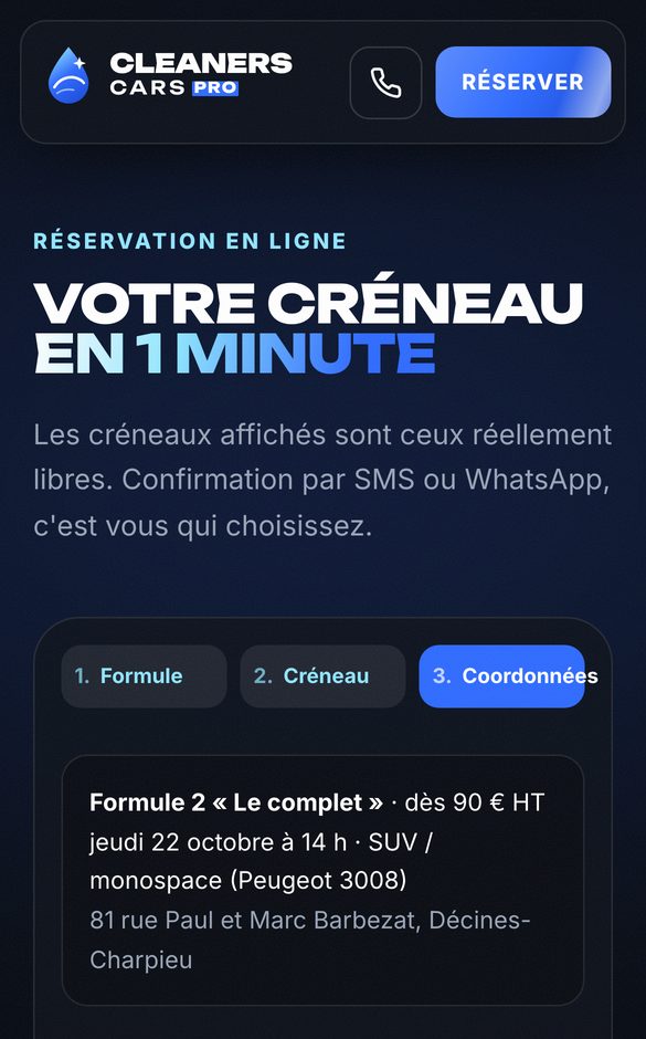 Réservation Cleaners Cars Pro, étape 3. Les coordonnées